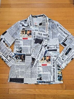 Unbranded, Newspaper Print Asymmetric Scarf Blouse, White & Black, EUC Women's M